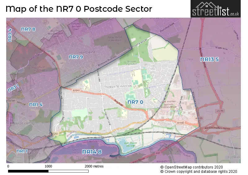 Map of the NR7 0 and surrounding postcode sector