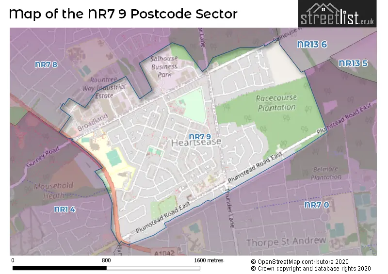 Map of the NR7 9 and surrounding postcode sector