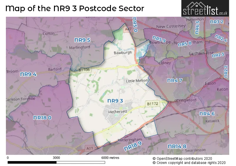 Map of the NR9 3 and surrounding postcode sector