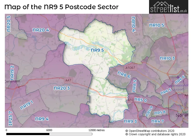 Map of the NR9 5 and surrounding postcode sector