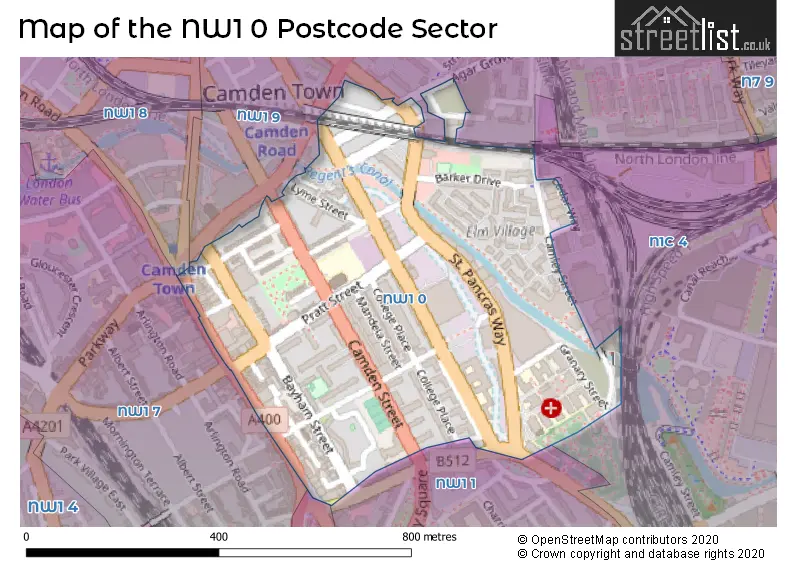 Map of the NW1 0 and surrounding postcode sector
