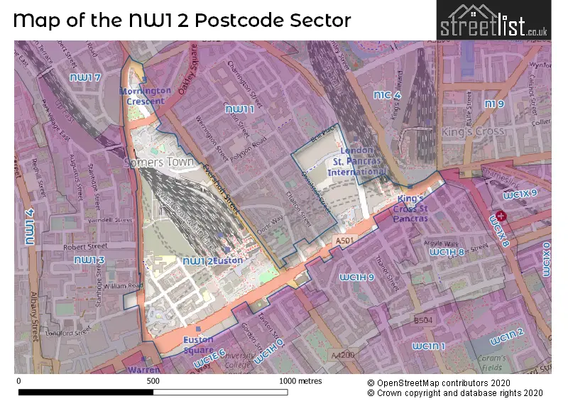 Map of the NW1 2 and surrounding postcode sector