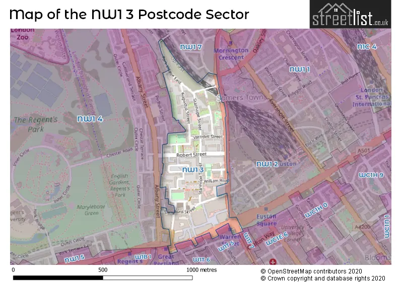 Map of the NW1 3 and surrounding postcode sector