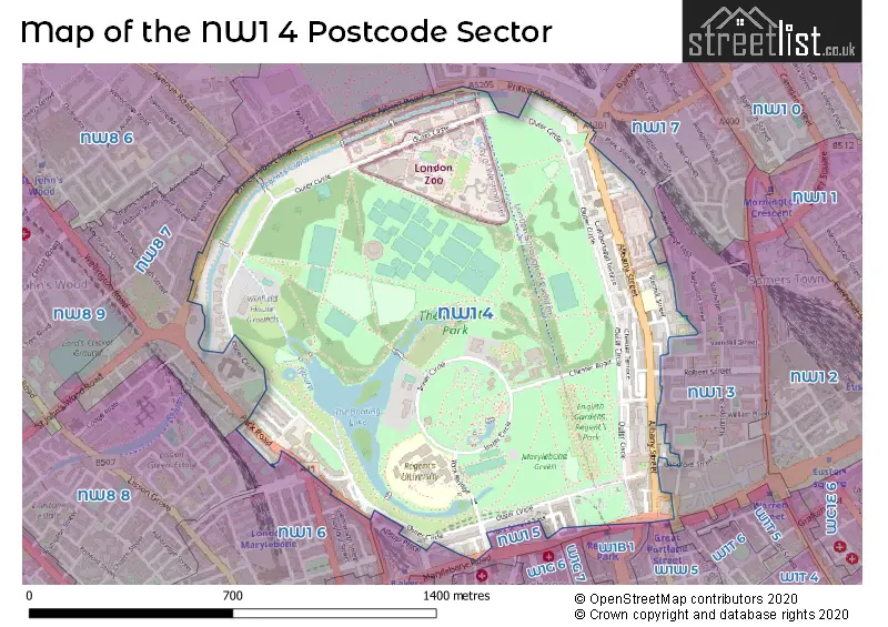 Map of the NW1 4 and surrounding postcode sector