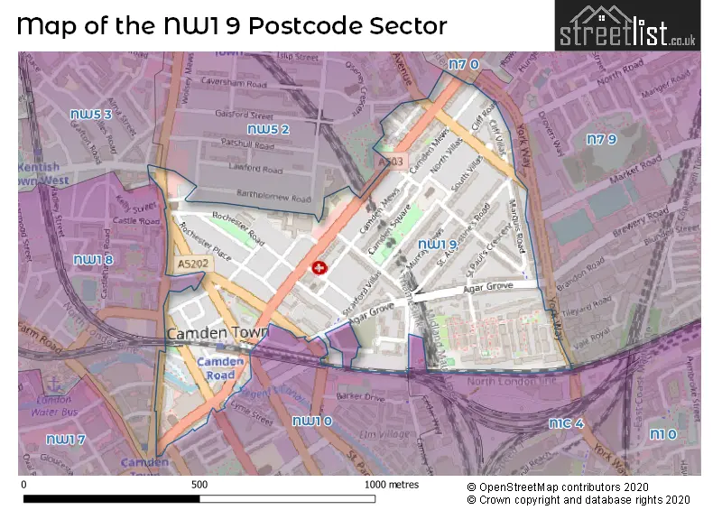Map of the NW1 9 and surrounding postcode sector