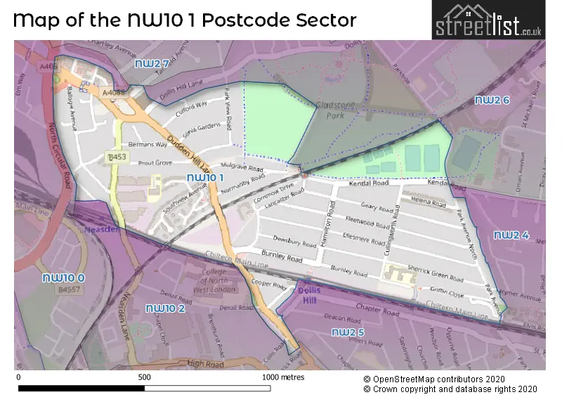 Map of the NW10 1 and surrounding postcode sector