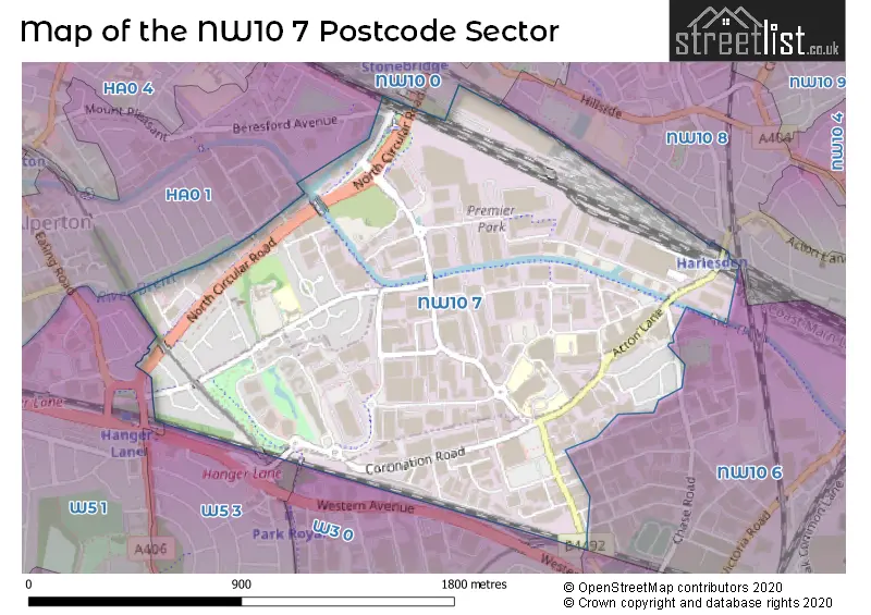 Map of the NW10 7 and surrounding postcode sector