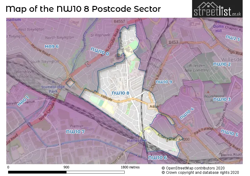 Map of the NW10 8 and surrounding postcode sector