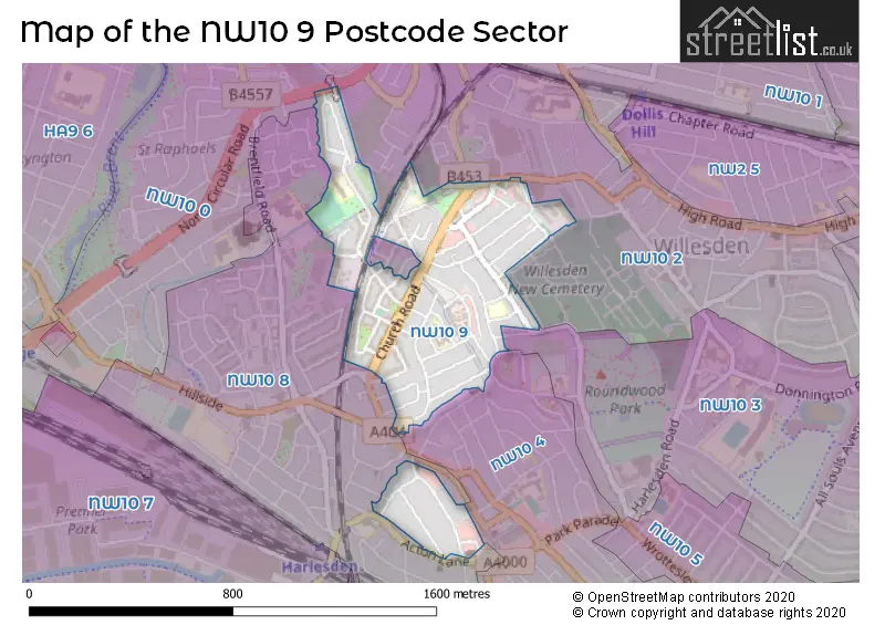 Map of the NW10 9 and surrounding postcode sector