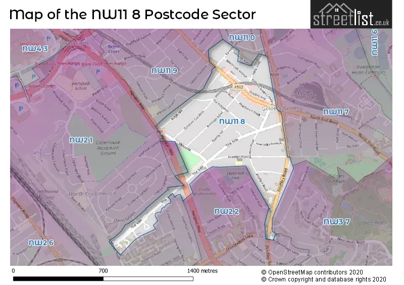 Map of the NW11 8 and surrounding postcode sector