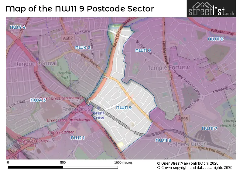 Map of the NW11 9 and surrounding postcode sector
