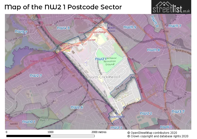 Map of the NW2 1 and surrounding postcode sector