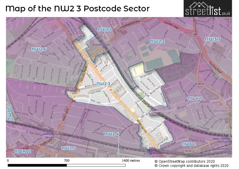 Map of the NW2 3 and surrounding postcode sector