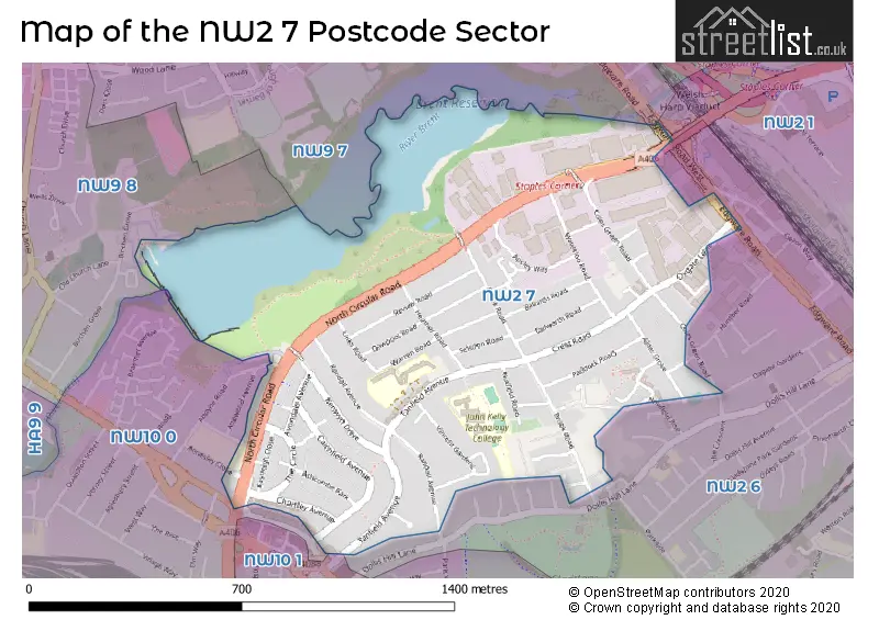 Map of the NW2 7 and surrounding postcode sector