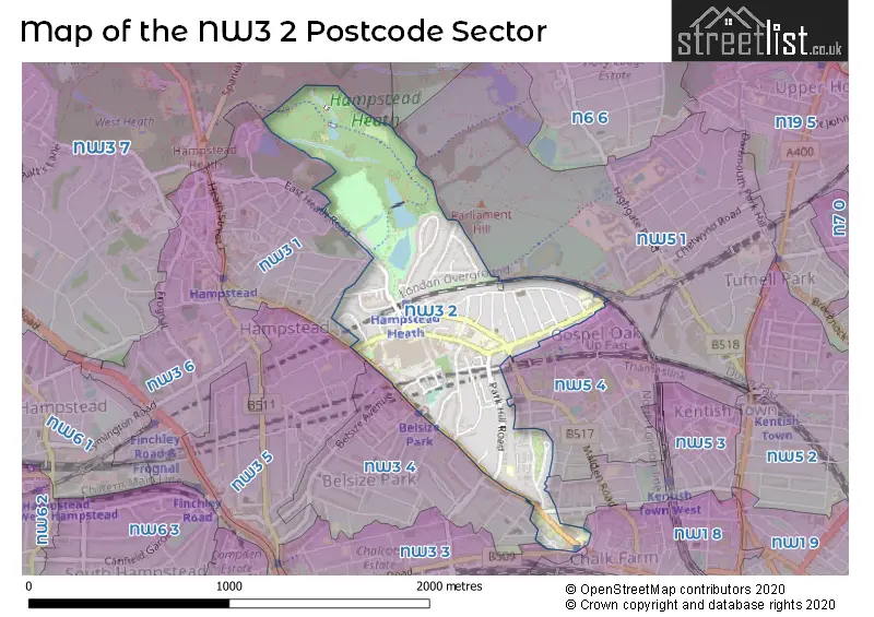 Map of the NW3 2 and surrounding postcode sector