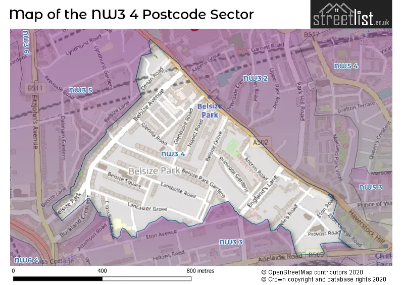 Map of the NW3 4 and surrounding postcode sector