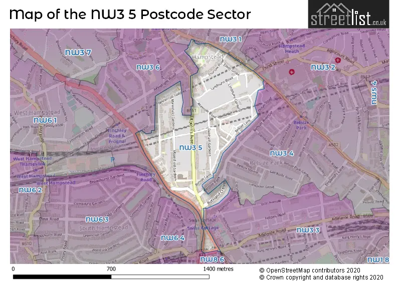 Map of the NW3 5 and surrounding postcode sector