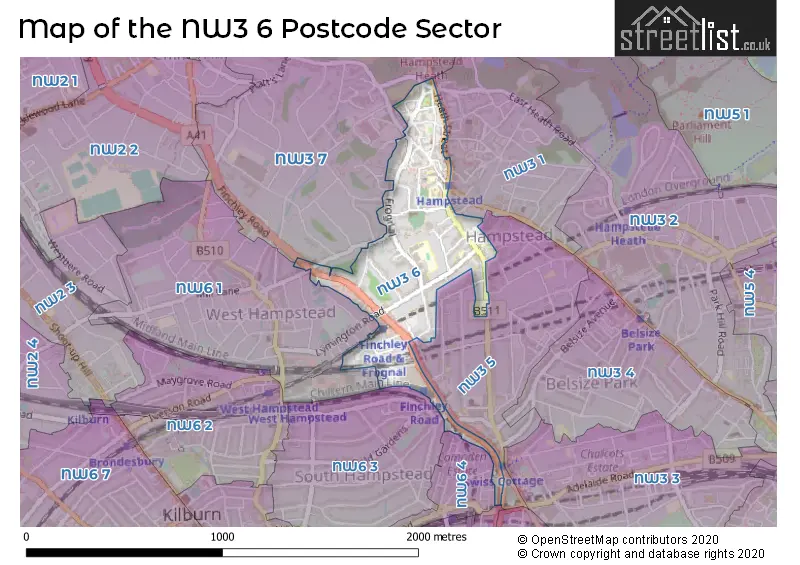 Map of the NW3 6 and surrounding postcode sector