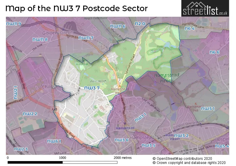 Map of the NW3 7 and surrounding postcode sector