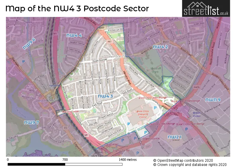 Map of the NW4 3 and surrounding postcode sector