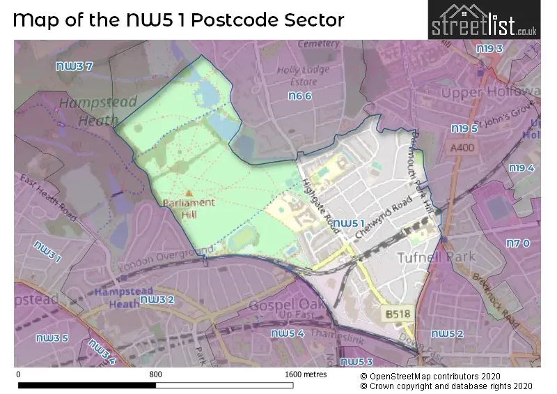 Map of the NW5 1 and surrounding postcode sector