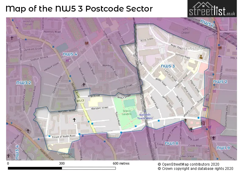 Map of the NW5 3 and surrounding postcode sector