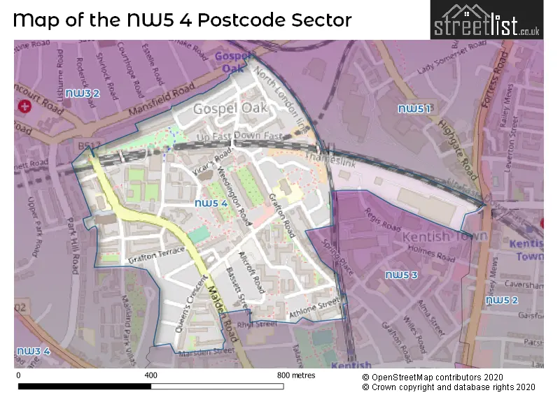 Map of the NW5 4 and surrounding postcode sector