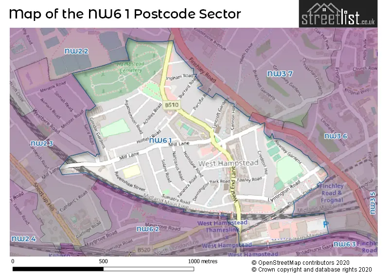 Map of the NW6 1 and surrounding postcode sector