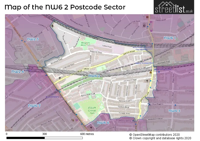Map of the NW6 2 and surrounding postcode sector