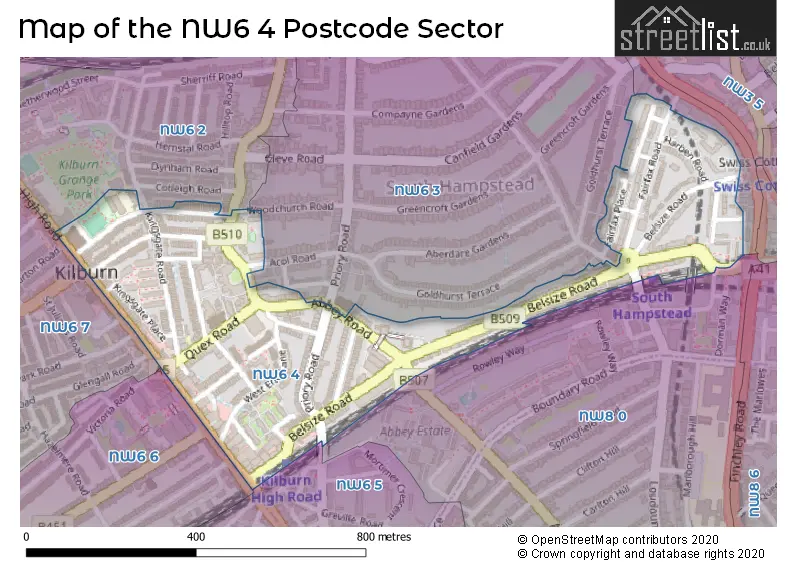 Map of the NW6 4 and surrounding postcode sector