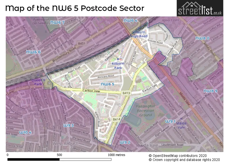 Map of the NW6 5 and surrounding postcode sector