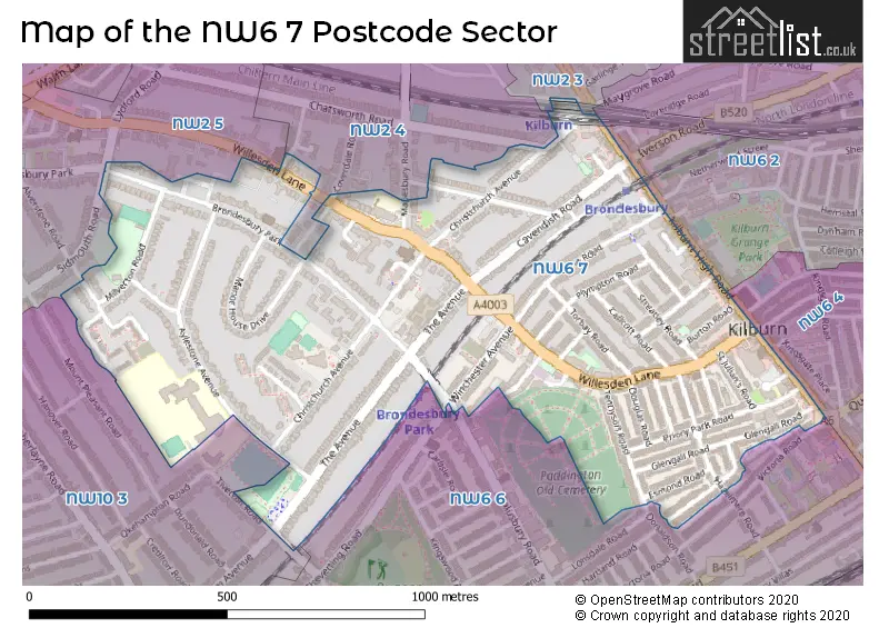 Map of the NW6 7 and surrounding postcode sector