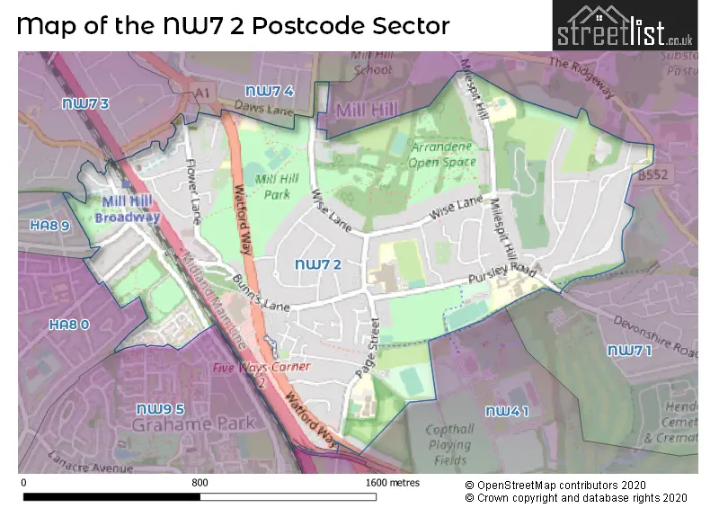 Map of the NW7 2 and surrounding postcode sector