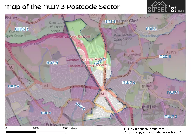 Map of the NW7 3 and surrounding postcode sector