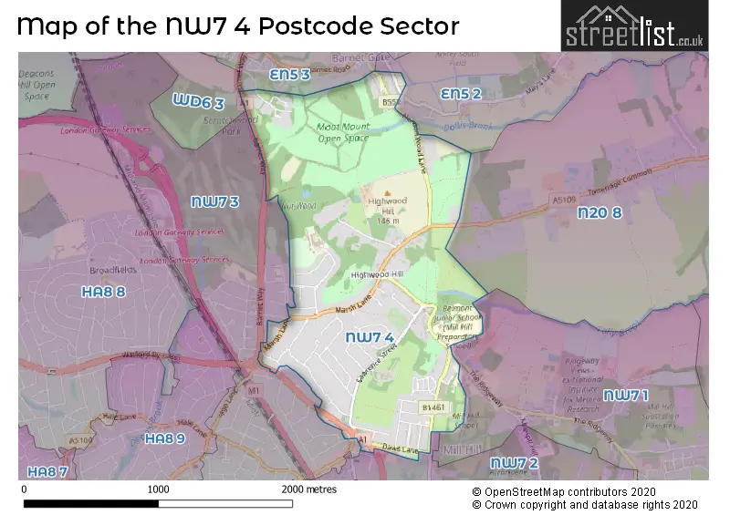 Map of the NW7 4 and surrounding postcode sector