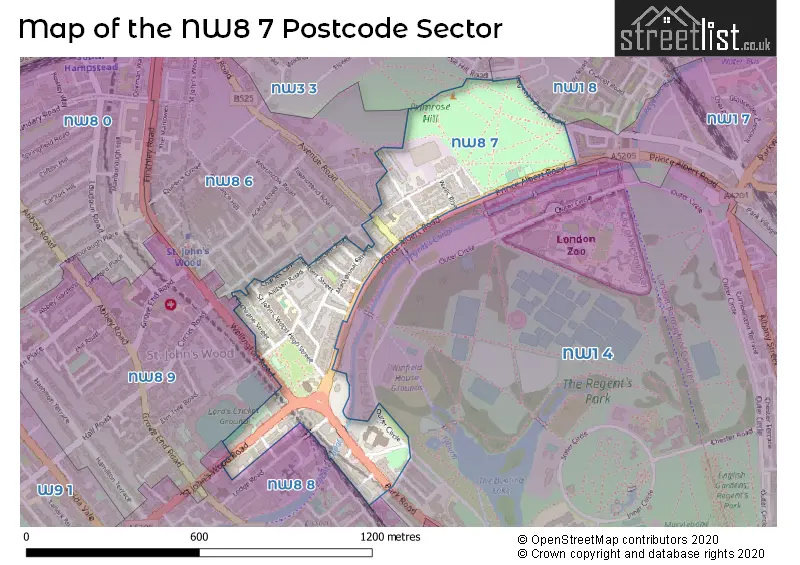 Map of the NW8 7 and surrounding postcode sector