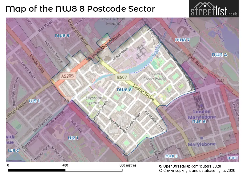 Map of the NW8 8 and surrounding postcode sector