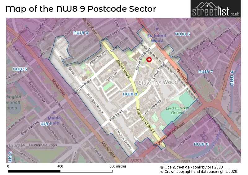 Map of the NW8 9 and surrounding postcode sector