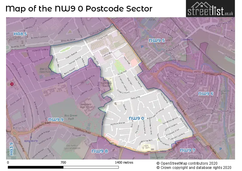 Map of the NW9 0 and surrounding postcode sector