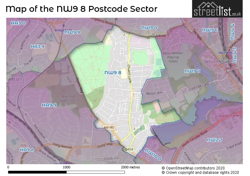 Map of the NW9 8 and surrounding postcode sector