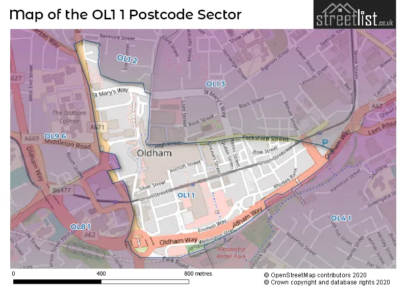 Map of the OL1 1 and surrounding postcode sector
