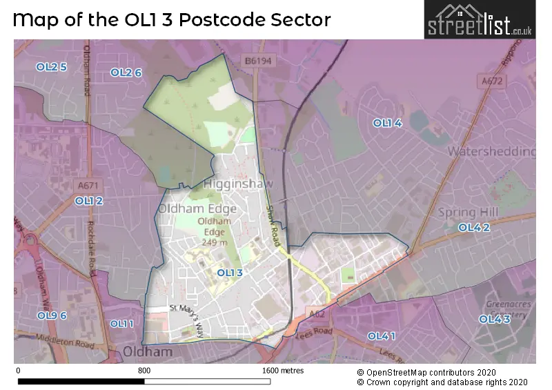 Map of the OL1 3 and surrounding postcode sector