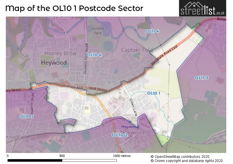 Map of the OL10 1 and surrounding postcode sector