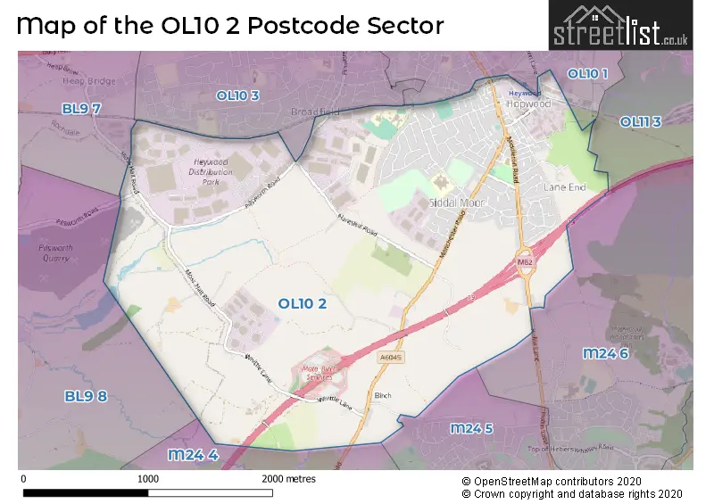 Map of the OL10 2 and surrounding postcode sector