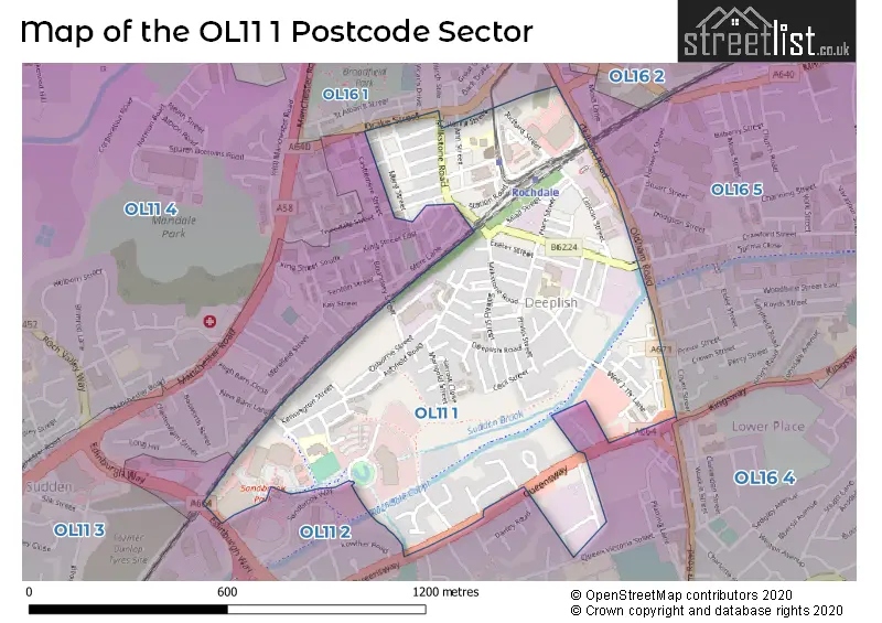 Map of the OL11 1 and surrounding postcode sector