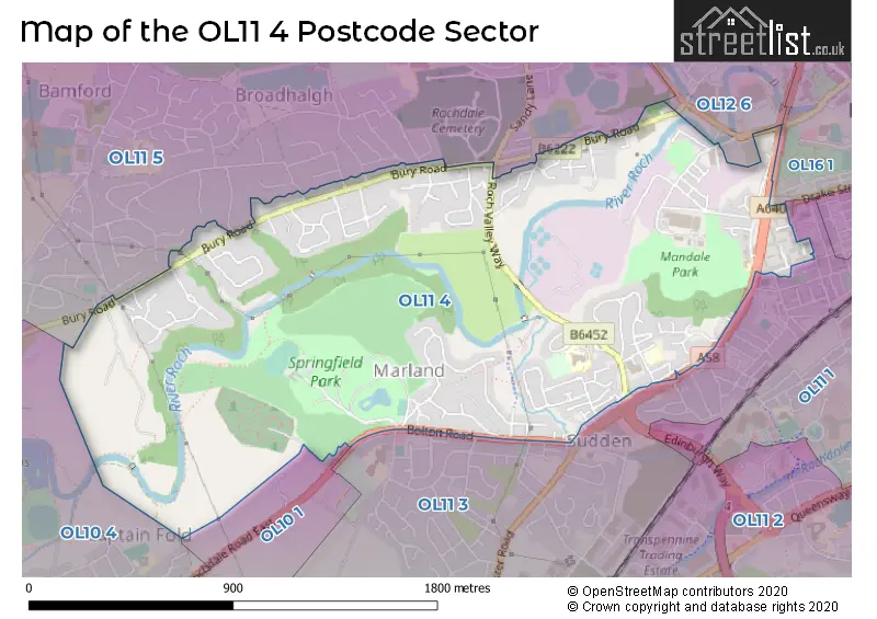 Map of the OL11 4 and surrounding postcode sector