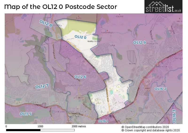 Map of the OL12 0 and surrounding postcode sector