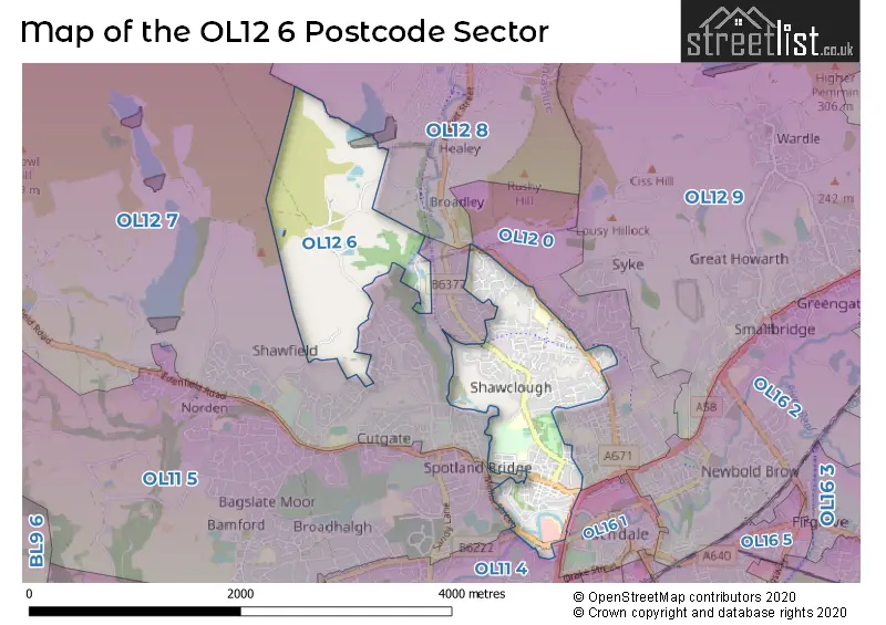 Map of the OL12 6 and surrounding postcode sector