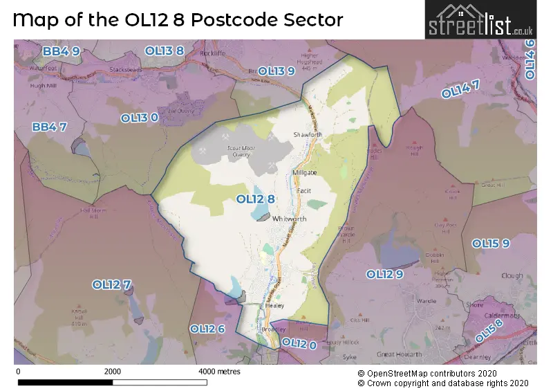 Map of the OL12 8 and surrounding postcode sector