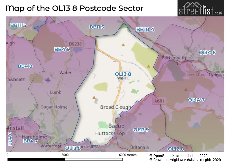 Map of the OL13 8 and surrounding postcode sector